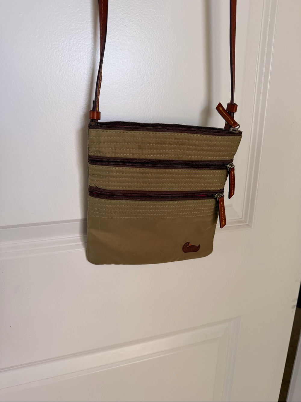 Leather-Trim Khaki Crossbody Bag for